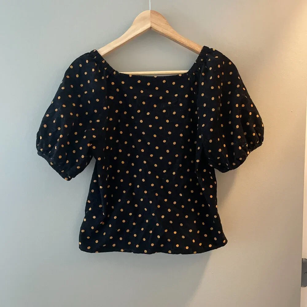 NWOT Madewell Corduroy Wrap Puff Sleeve Blouse Top Black Yellow Dot Size XXS